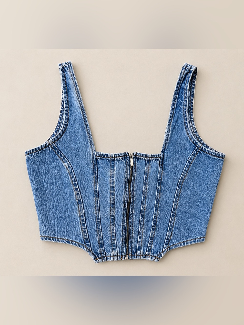Lone Star Denim Corset Crop Top Medium Blue Zip Front Smocked Back Cotton
